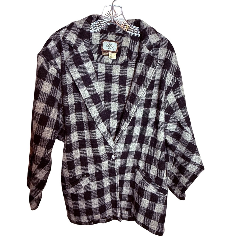 Toffs Plaid Blazer Jacket Women 11/12 Black Gray 100% Wool Vintage Made in Japan